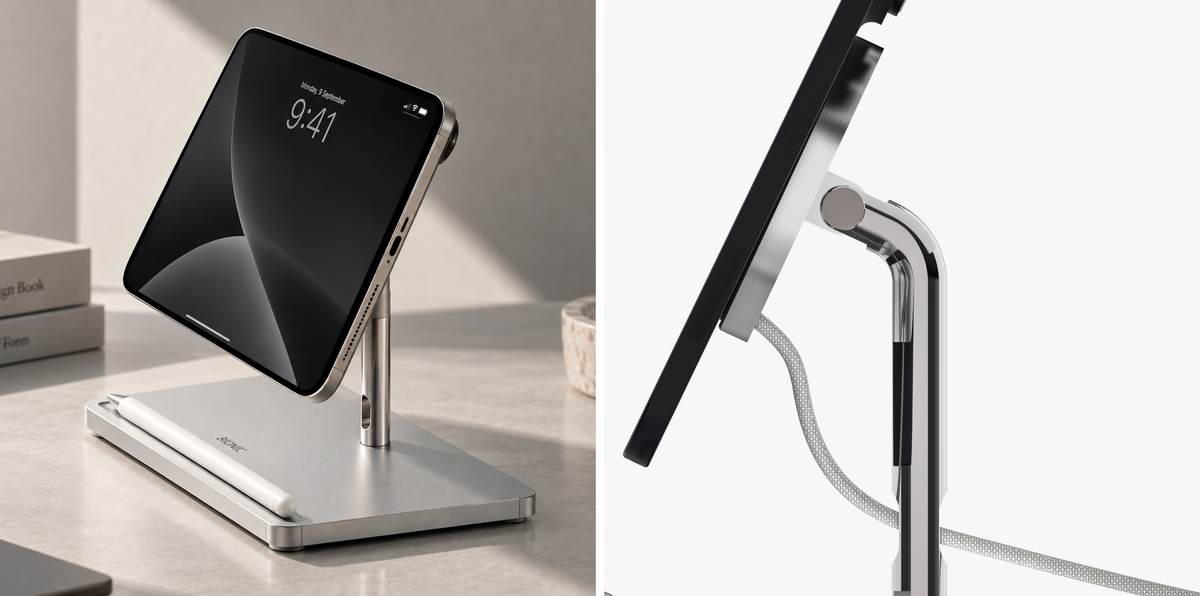 BIONIC iPhone Duo Charger in silver, shown with foldable iPhone and adjustable stainless steel arm