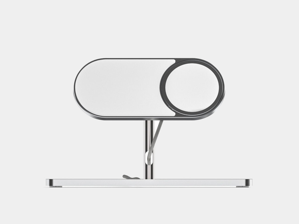 BIONIC iPhone Duo Charger, silver aluminium and stainless steel desktop stand